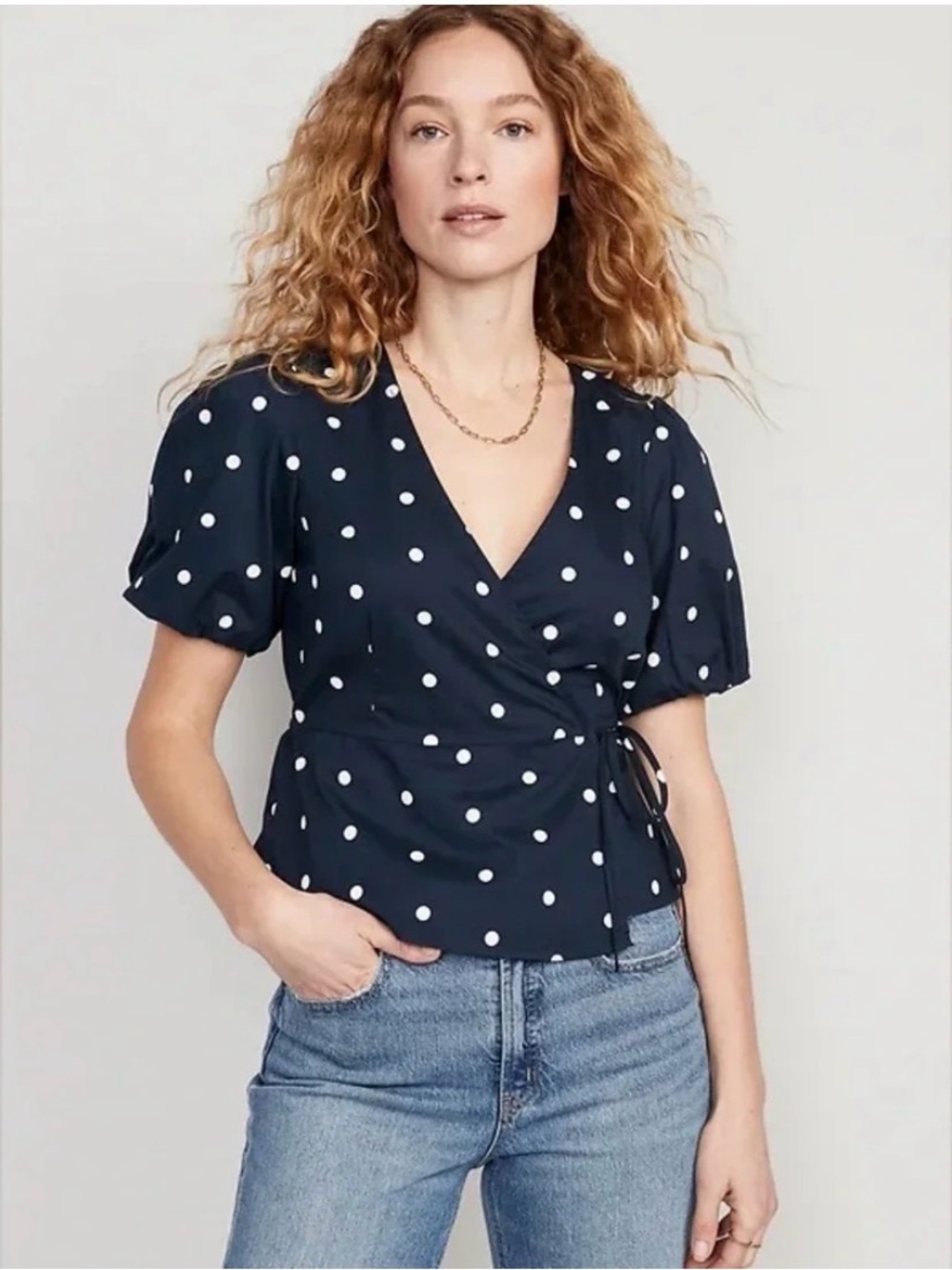 Old Navy Navy Polka Dot Wrap Blouse